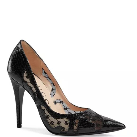 Gucci Black Leather Snake Embossed Pointed Toe Heels - Picture 1 of 6
